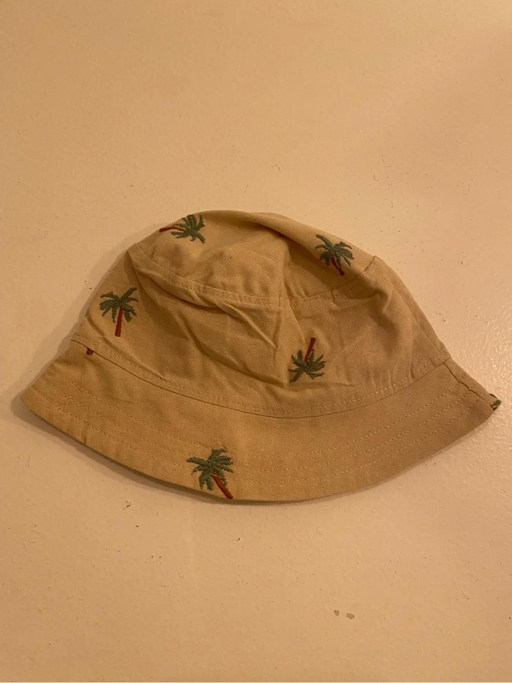 Kids Beige Embroidered Palm Tree Cotton Bucket Hat